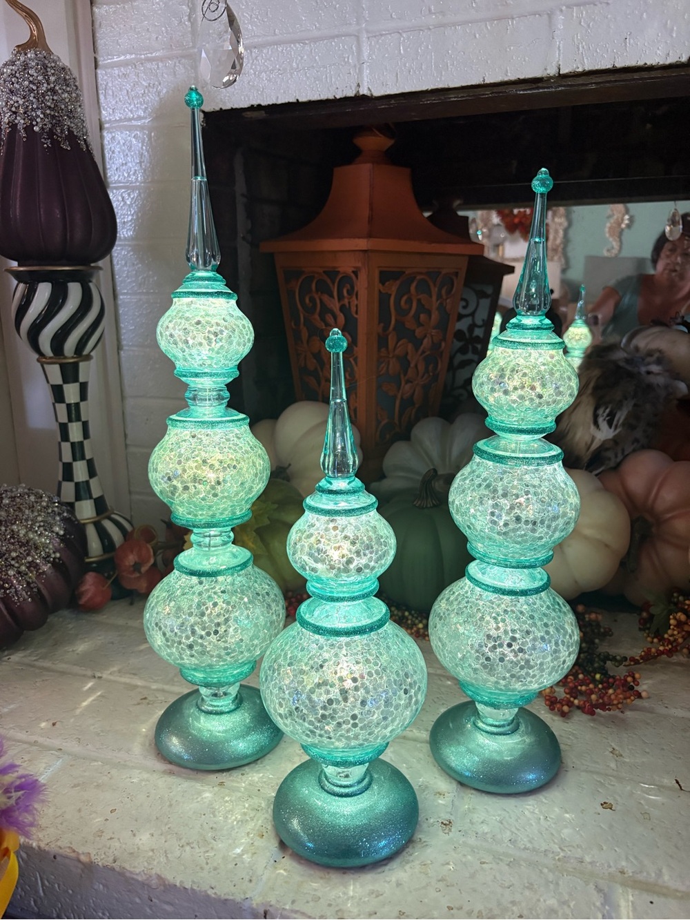 Turquoise Mosaic Glass Finial Decor Set - Home Holiday Accent